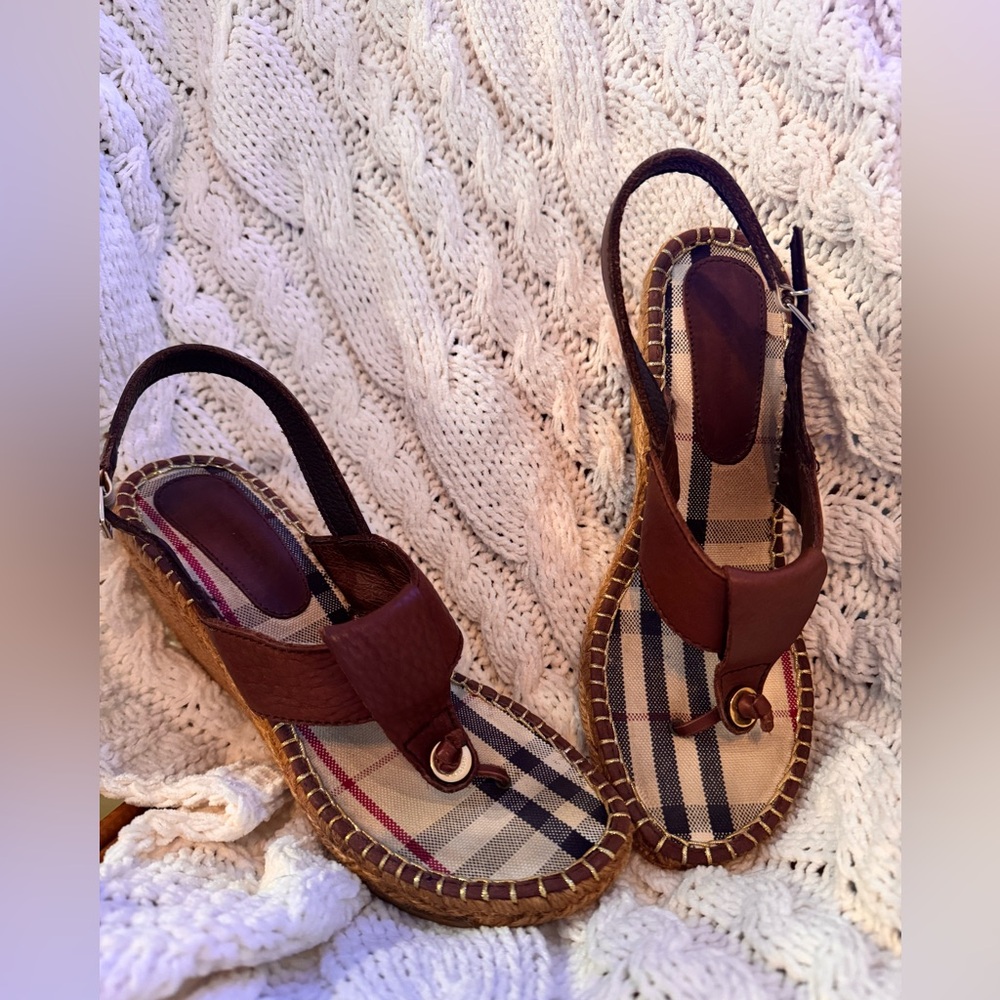 Burberry Nova Check Brown Leather Espadrille Wedge Sandal-Size 38